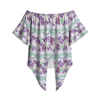Monstera Tiare Plumeria Lei Pattern Off Shoulder Wrap Waist Top Purple Version LT01 - Polynesian Pride