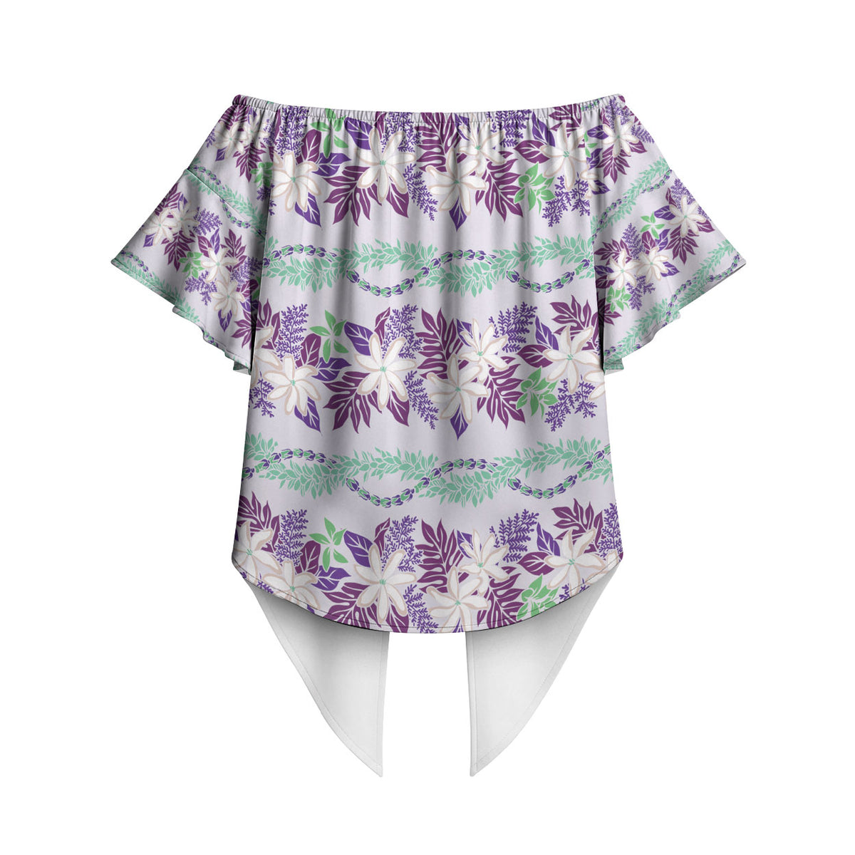 Monstera Tiare Plumeria Lei Pattern Off Shoulder Wrap Waist Top Purple Version LT01 - Polynesian Pride