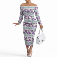 Monstera Tiare Plumeria Lei Pattern Off The Shoulder Long Sleeve Dress Purple Version LT01 Women Purple - Polynesian Pride