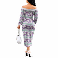 Monstera Tiare Plumeria Lei Pattern Off The Shoulder Long Sleeve Dress Purple Version LT01 - Polynesian Pride