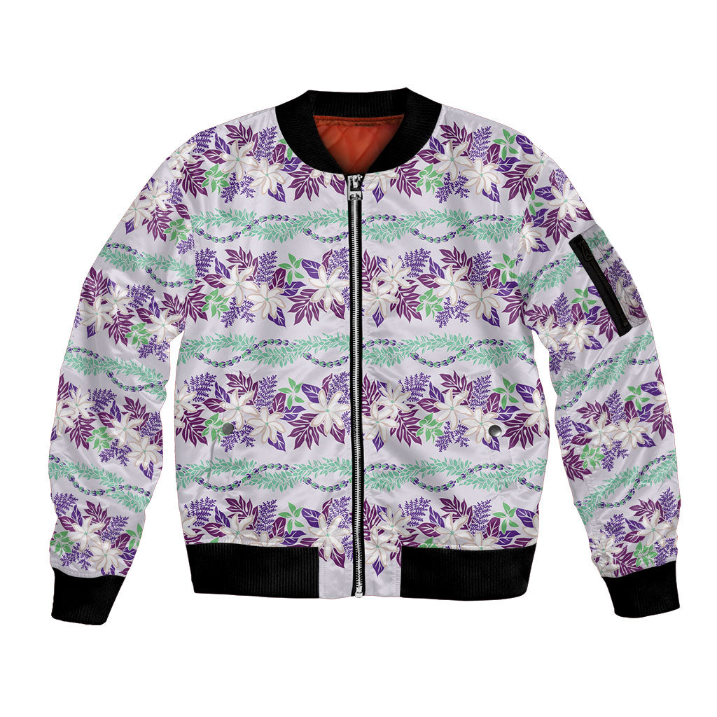 Monstera Tiare Plumeria Lei Pattern Sleeve Zip Bomber Jacket Purple Version