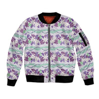 Monstera Tiare Plumeria Lei Pattern Sleeve Zip Bomber Jacket Purple Version