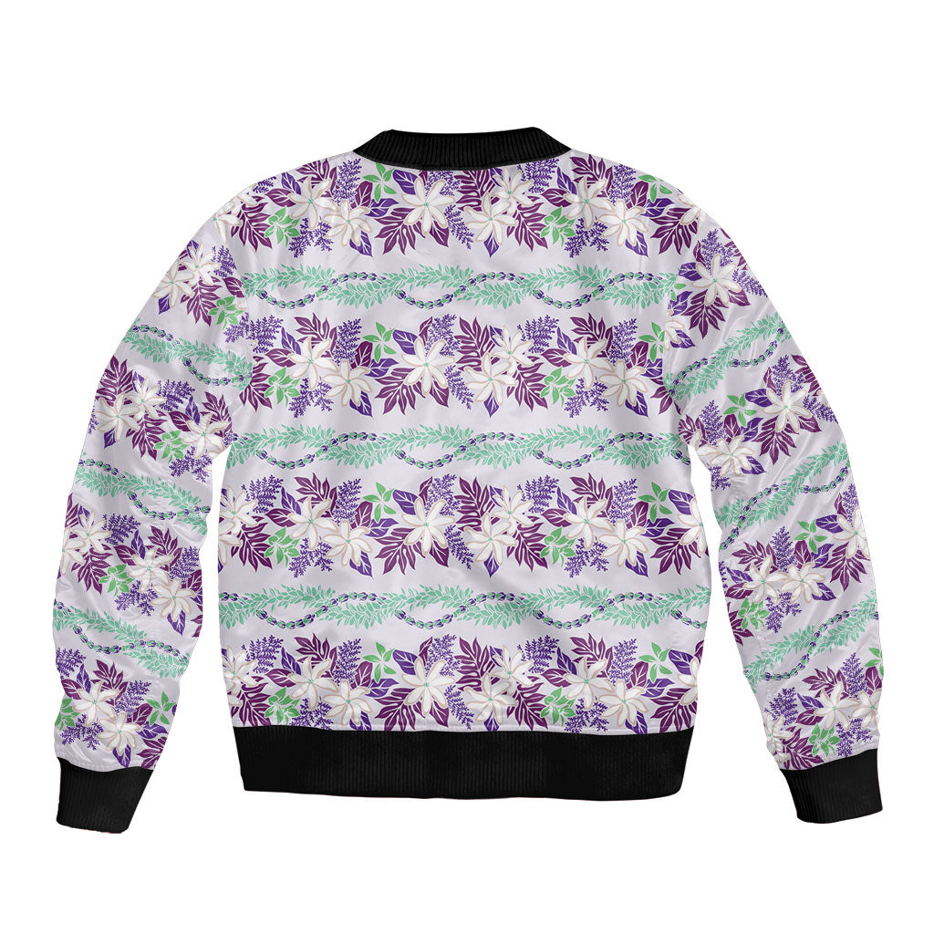 Monstera Tiare Plumeria Lei Pattern Sleeve Zip Bomber Jacket Purple Version