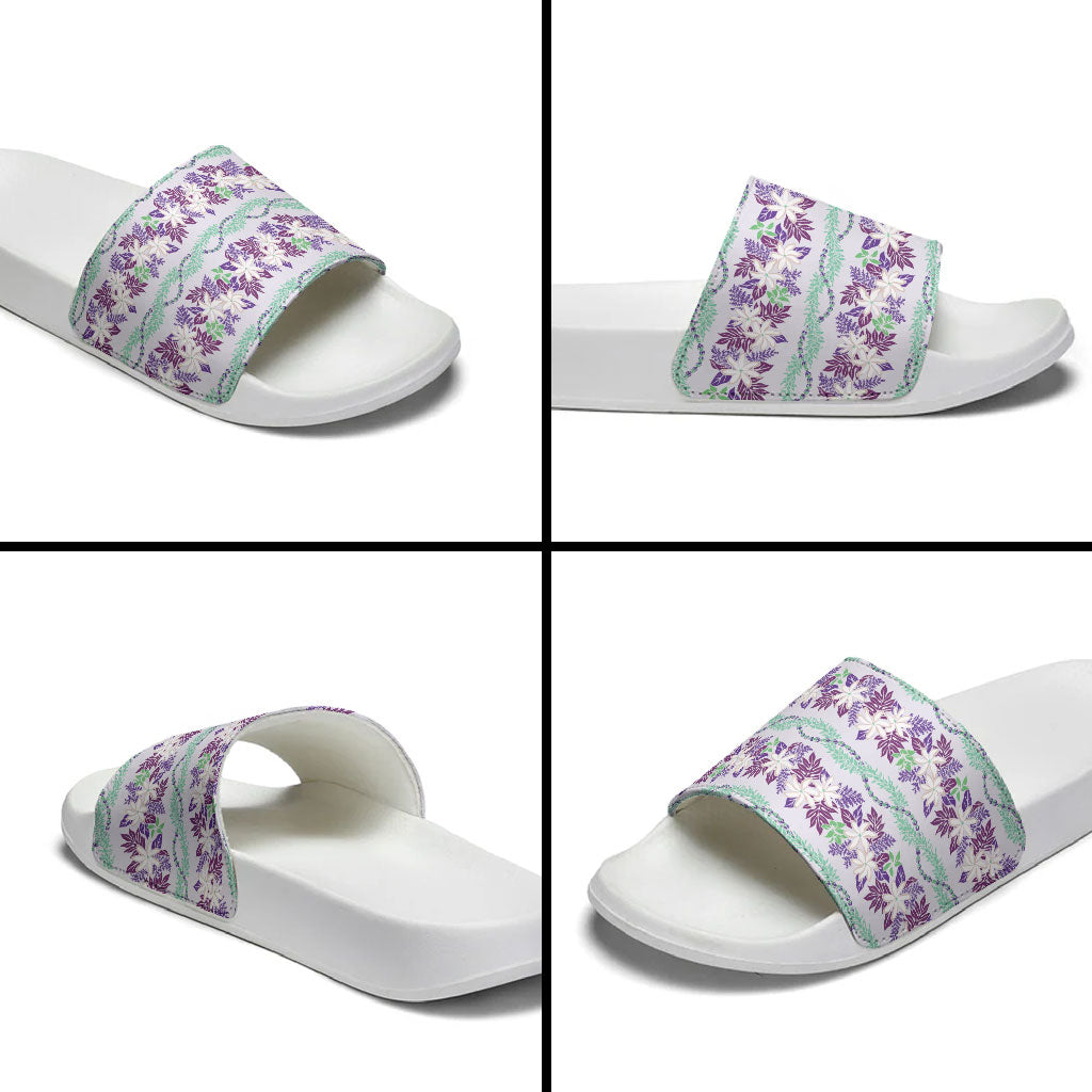 Monstera Tiare Plumeria Lei Pattern Slide Sandals Purple Version LT01 - Polynesian Pride