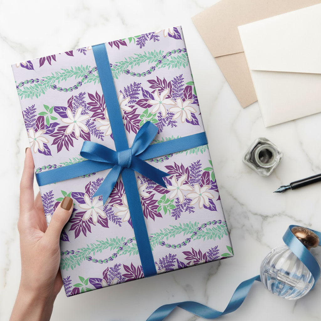 Monstera Tiare Plumeria Lei Pattern Wrapping Paper Purple Version LT01 - Polynesian Pride