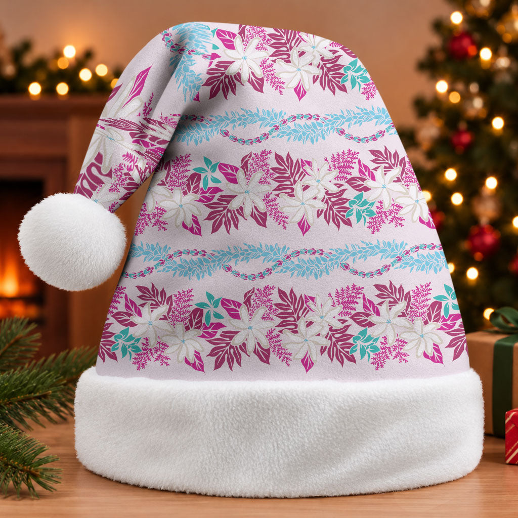 Monstera Tiare Plumeria Lei Pattern Christmas Santa Hat Pink Version LT01 Without Fur Pink - Polynesian Pride