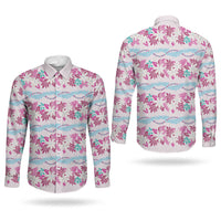 Monstera Tiare Plumeria Lei Pattern Couples Matching Off Shoulder Maxi Dress and Long Sleeve Button Shirt Pink Version LT01 - Polynesian Pride