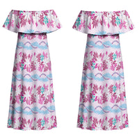 Monstera Tiare Plumeria Lei Pattern Couples Matching Off Shoulder Maxi Dress and Long Sleeve Button Shirt Pink Version LT01 - Polynesian Pride