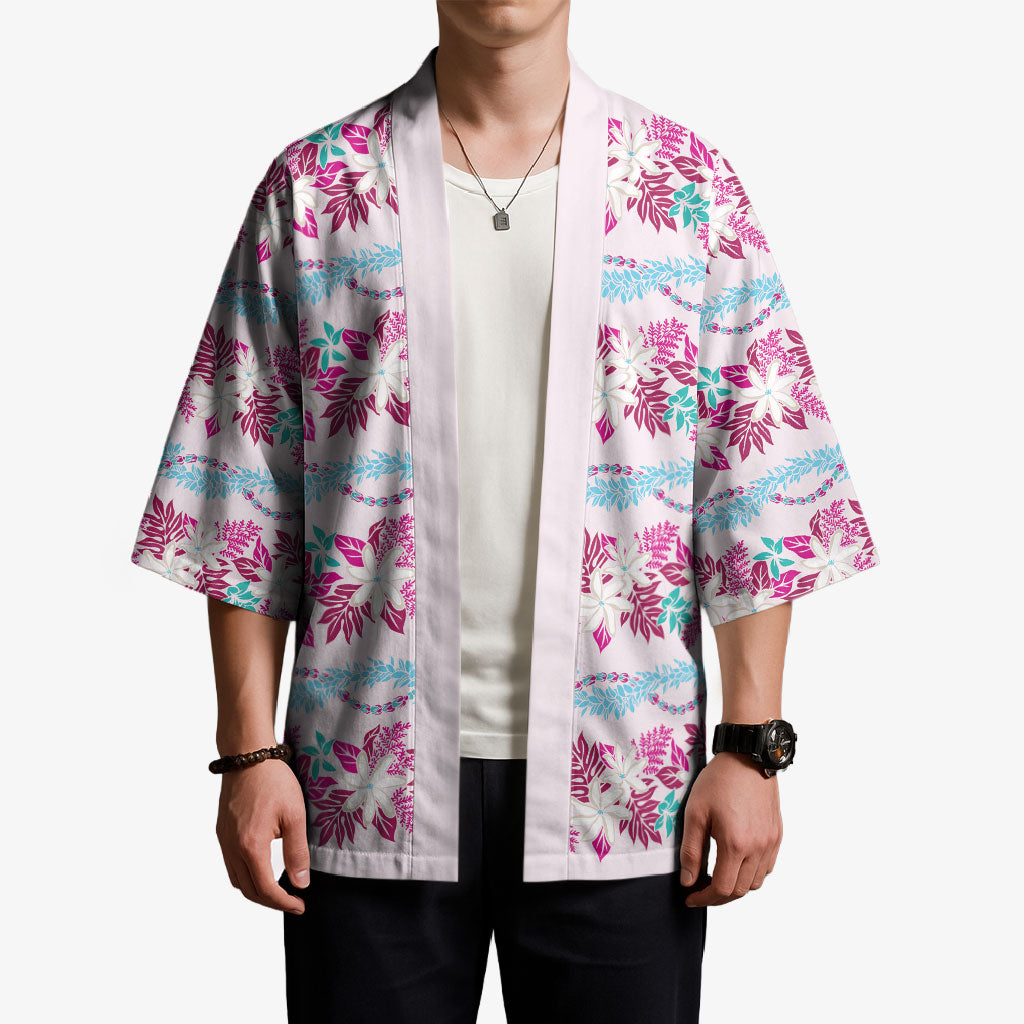 Monstera Tiare Plumeria Lei Pattern Kimono Pink Version LT01 - Polynesian Pride