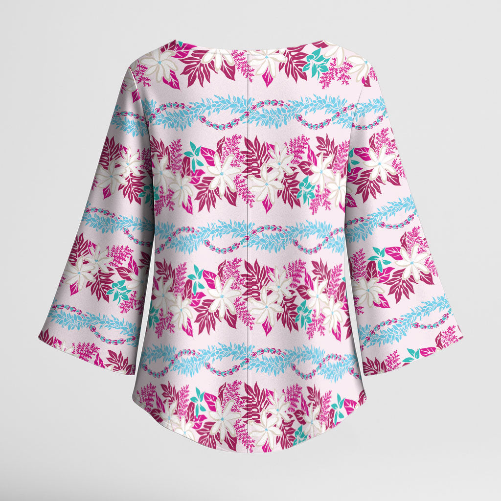 Monstera Tiare Plumeria Lei Pattern Kimono Sleeve Blouse Pink Version LT01 - Polynesian Pride