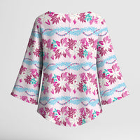 Monstera Tiare Plumeria Lei Pattern Kimono Sleeve Blouse Pink Version LT01 - Polynesian Pride