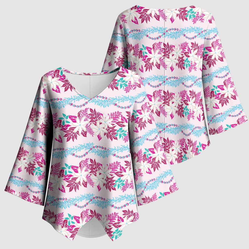 Monstera Tiare Plumeria Lei Pattern Kimono Sleeve Blouse Pink Version LT01 - Polynesian Pride