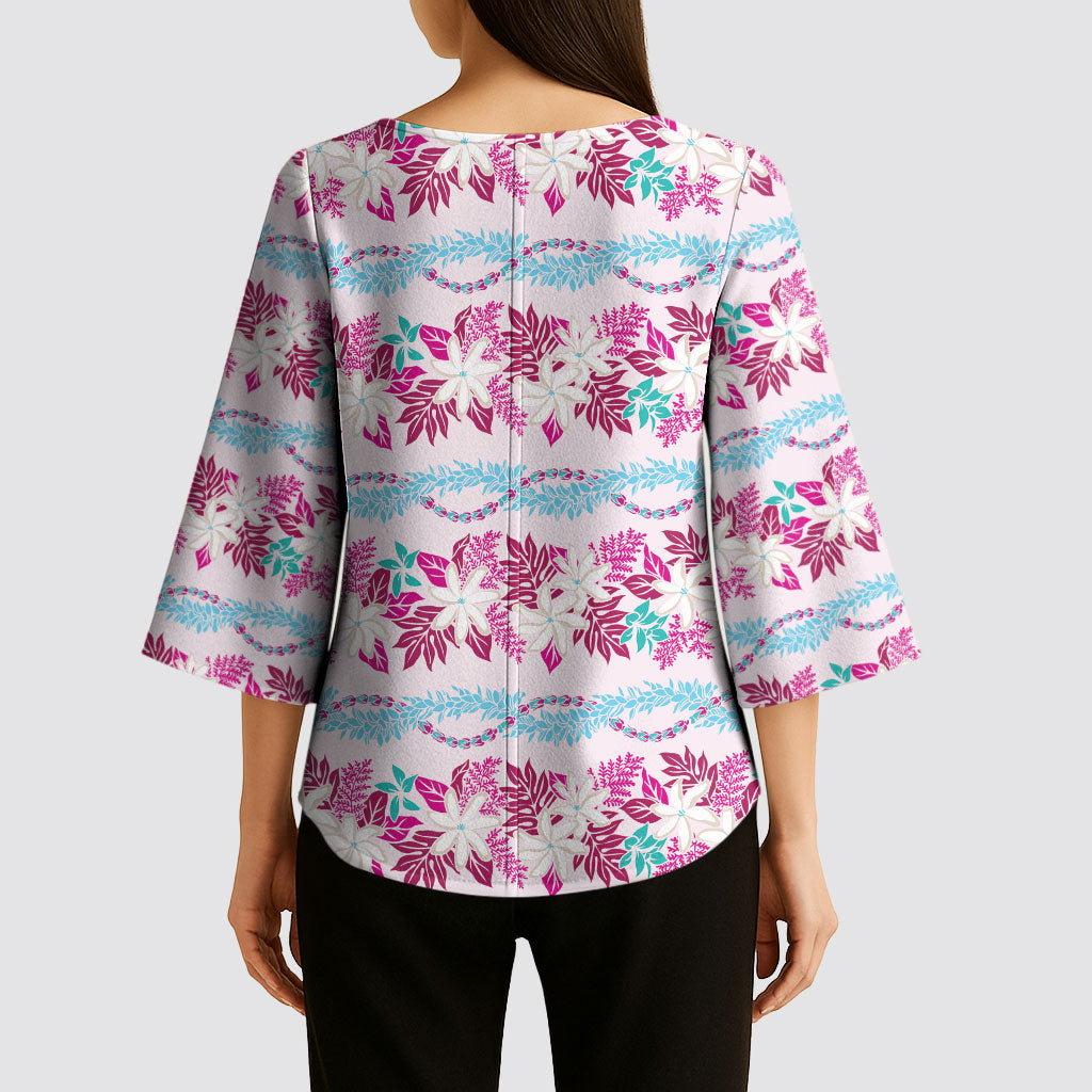 Monstera Tiare Plumeria Lei Pattern Kimono Sleeve Blouse Pink Version LT01 - Polynesian Pride