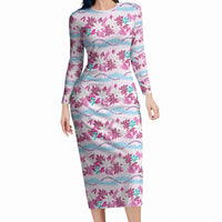 Monstera Tiare Plumeria Lei Pattern Long Sleeve Bodycon Dress Pink Version LT01 Long Dress Pink - Polynesian Pride