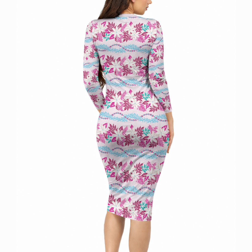 Monstera Tiare Plumeria Lei Pattern Long Sleeve Bodycon Dress Pink Version LT01 - Polynesian Pride