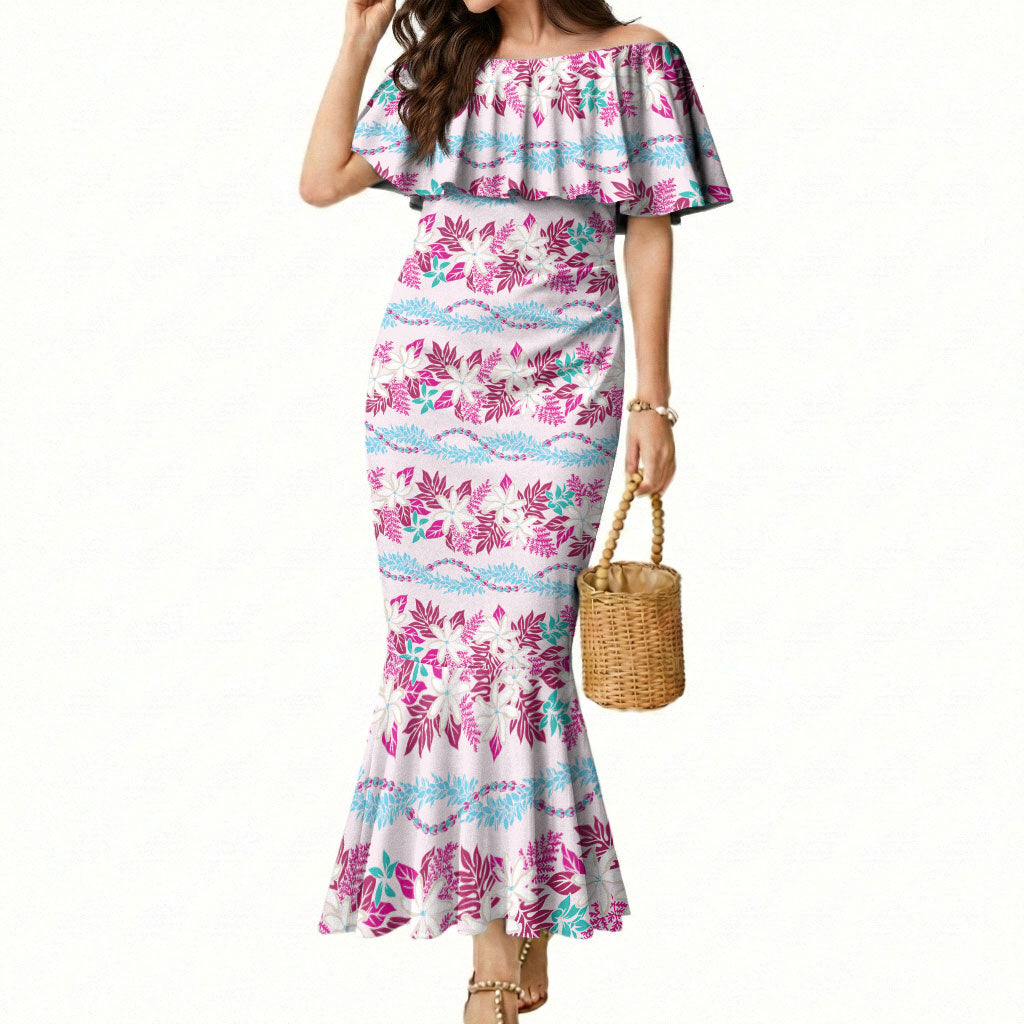 Monstera Tiare Plumeria Lei Pattern Mermaid Dress Pink Version