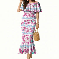 Monstera Tiare Plumeria Lei Pattern Mermaid Dress Pink Version