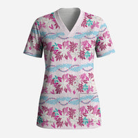 Monstera Tiare Plumeria Lei Pattern Scrub Top Pink Version