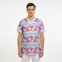 Monstera Tiare Plumeria Lei Pattern Scrub Top Pink Version
