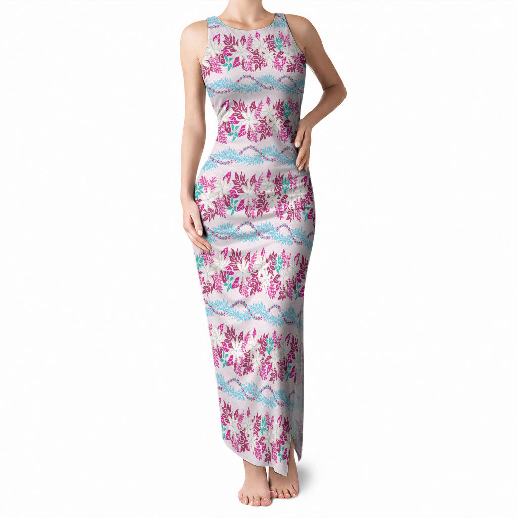 Monstera Tiare Plumeria Lei Pattern Tank Maxi Dress Pink Version LT01 Women Pink - Polynesian Pride