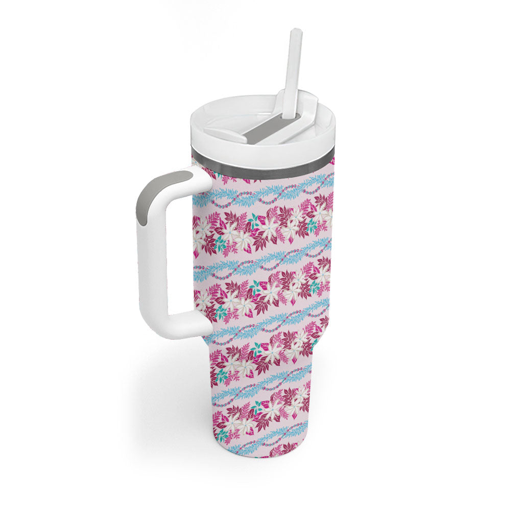 Monstera Tiare Plumeria Lei Pattern Tumbler With Handle Pink Version LT01 - Polynesian Pride