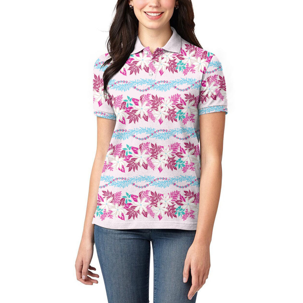 Monstera Tiare Plumeria Lei Pattern Women Polo Shirt Pink Version LT01 - Polynesian Pride