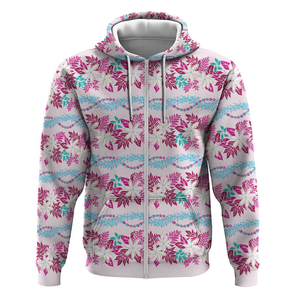 Monstera Tiare Plumeria Lei Pattern Zip Hoodie Pink Version