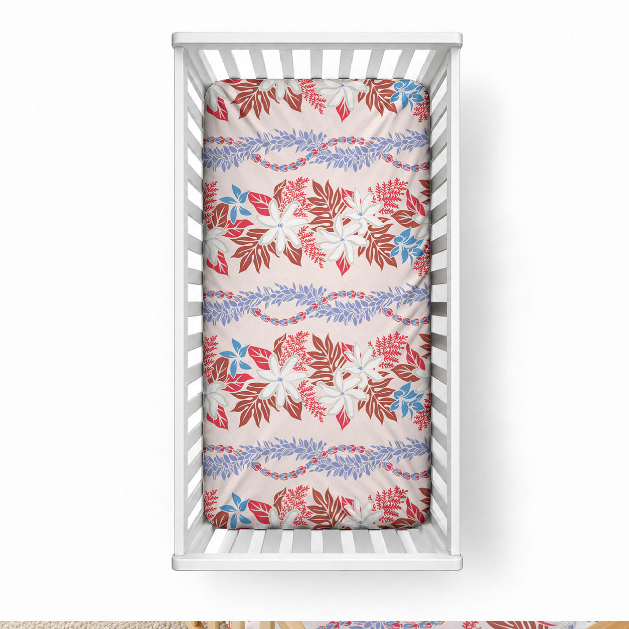 Monstera Tiare Plumeria Lei Pattern Baby Bed Cover Red Version