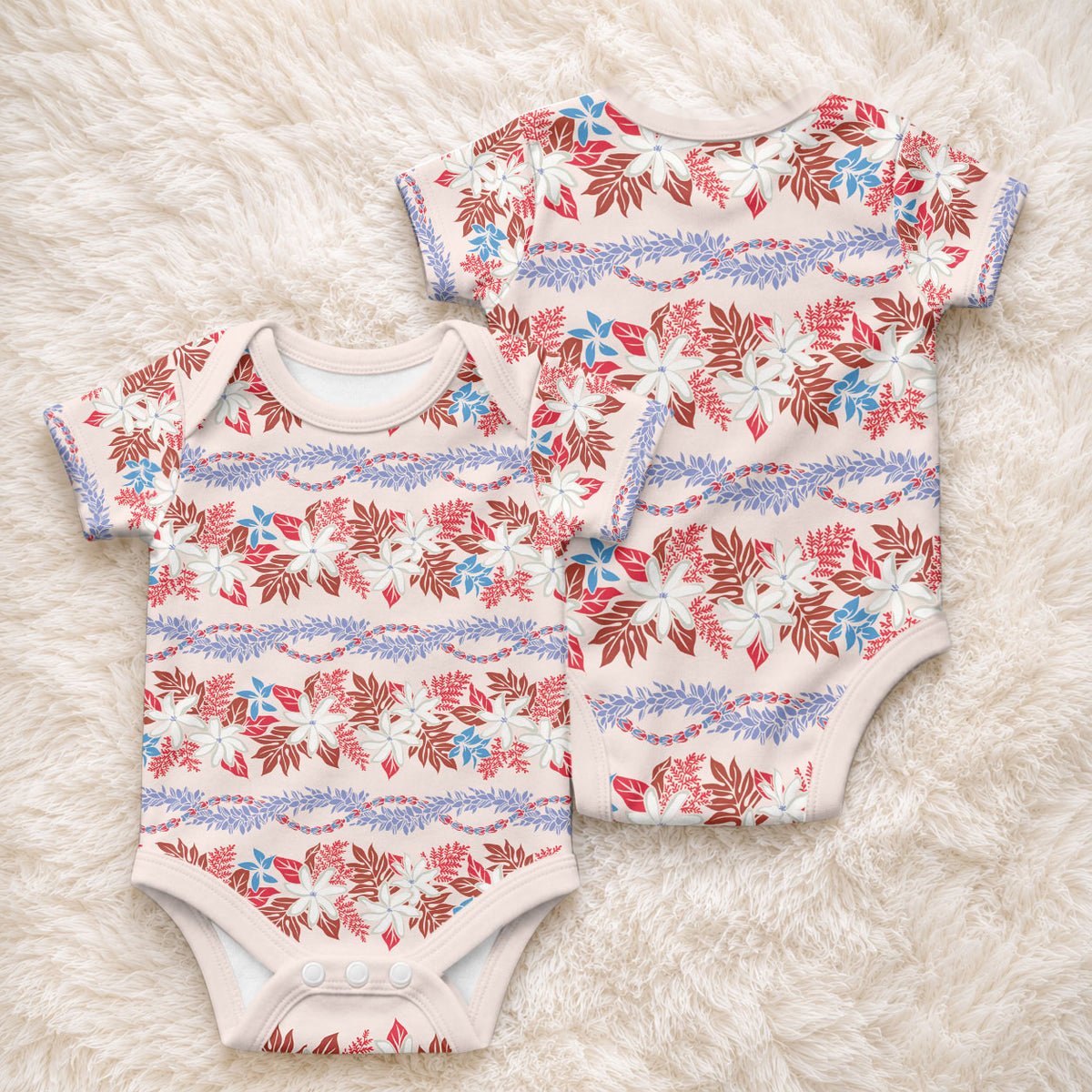 Monstera Tiare Plumeria Lei Pattern Baby Onesie Red Version LT01 - Polynesian Pride