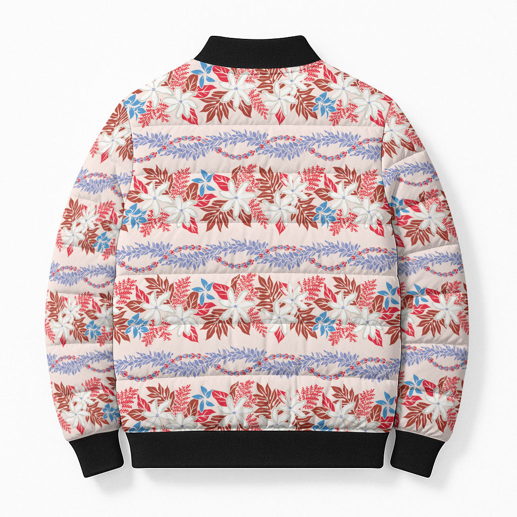 Monstera Tiare Plumeria Lei Pattern Bomber Puffer Jacket Red Version LT01 - Polynesian Pride
