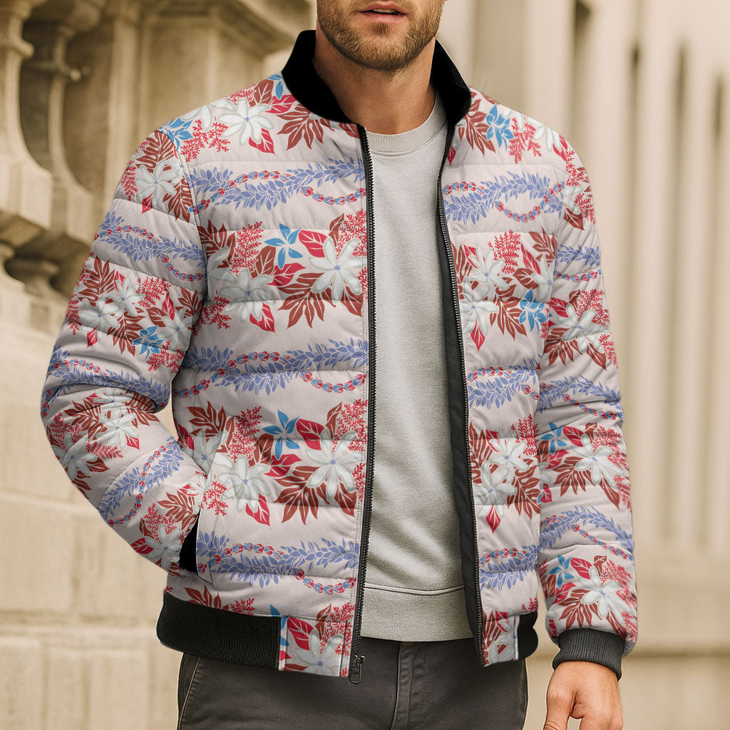 Monstera Tiare Plumeria Lei Pattern Bomber Puffer Jacket Red Version LT01 - Polynesian Pride