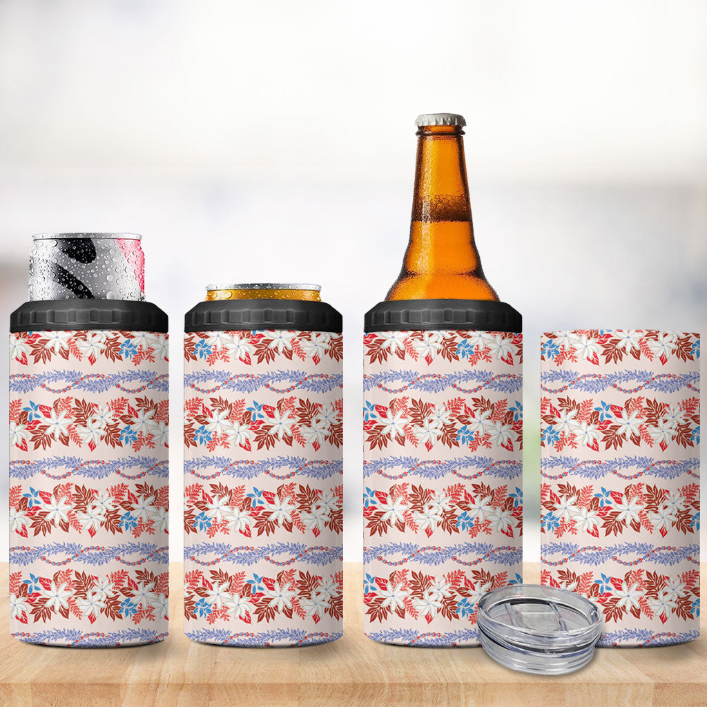 Monstera Tiare Plumeria Lei Pattern 4 in 1 Can Cooler Tumbler Red Version LT01 - Polynesian Pride