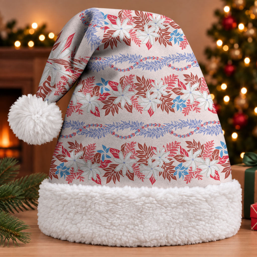 Monstera Tiare Plumeria Lei Pattern Christmas Santa Hat Red Version LT01 With Fur Red - Polynesian Pride