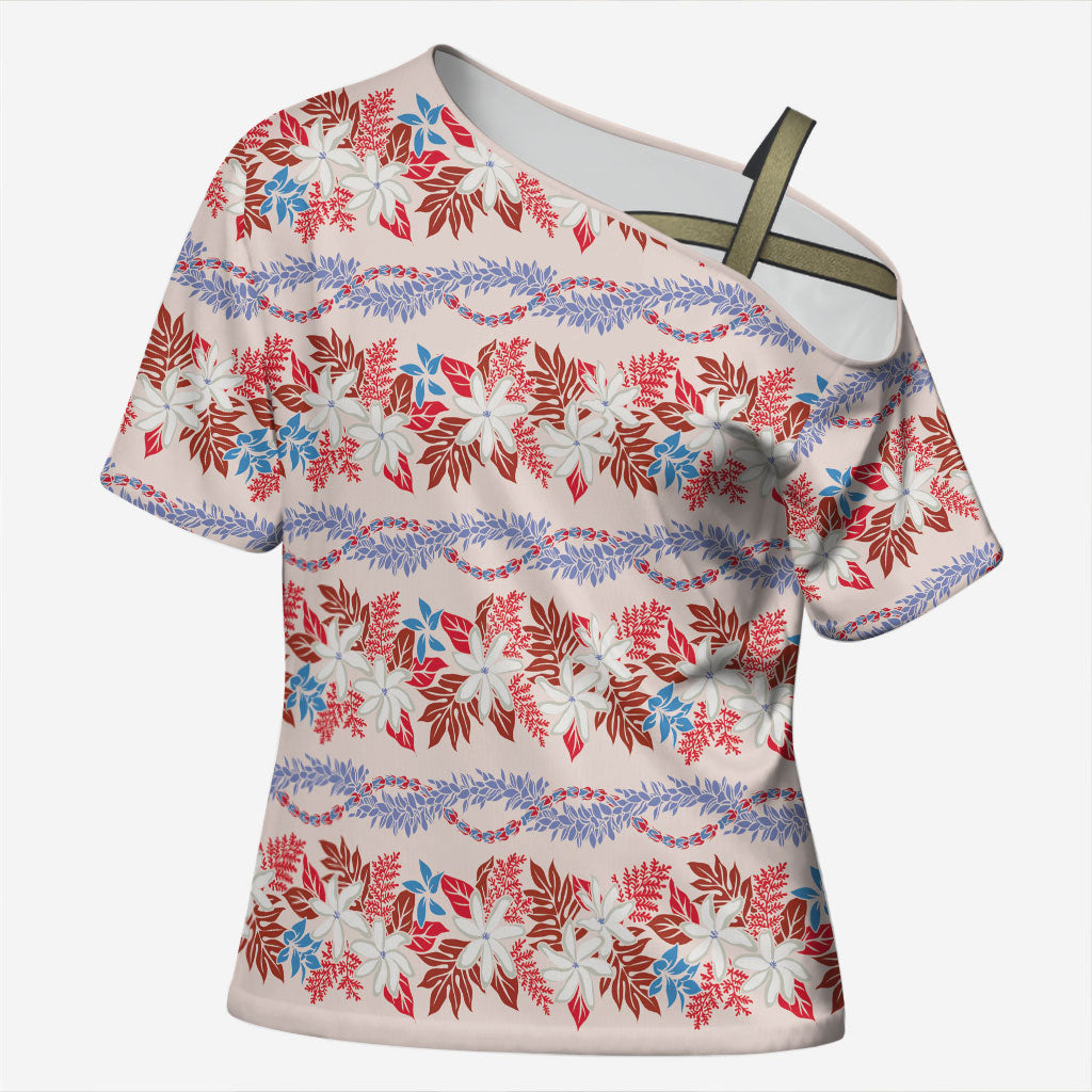 Monstera Tiare Plumeria Lei Pattern Cross Shoulder Shirt Red Version LT01 Female Red - Polynesian Pride