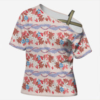 Monstera Tiare Plumeria Lei Pattern Cross Shoulder Shirt Red Version LT01 Female Red - Polynesian Pride
