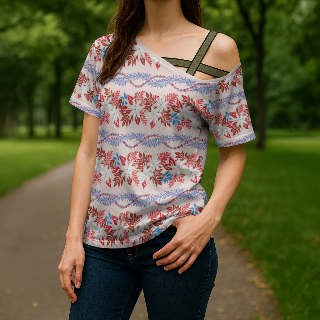 Monstera Tiare Plumeria Lei Pattern Cross Shoulder Shirt Red Version LT01 - Polynesian Pride