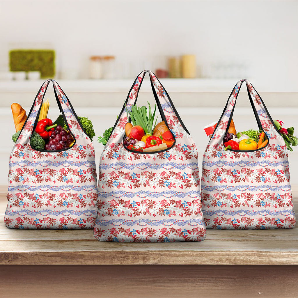 Monstera Tiare Plumeria Lei Pattern Grocery Bag Red Version LT01 3-pack One Size Red - Polynesian Pride