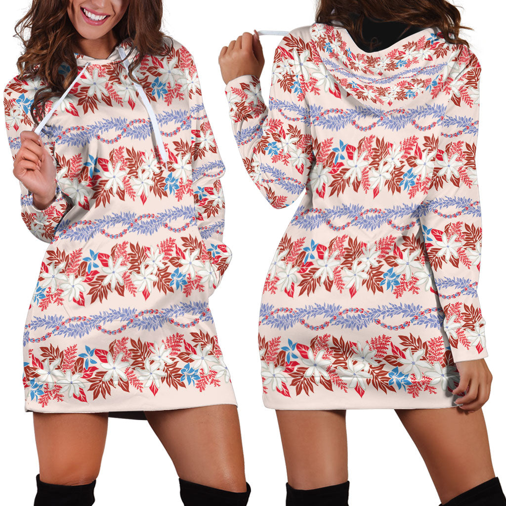 Monstera Tiare Plumeria Lei Pattern Hoodie Dress Red Version LT01 - Polynesian Pride