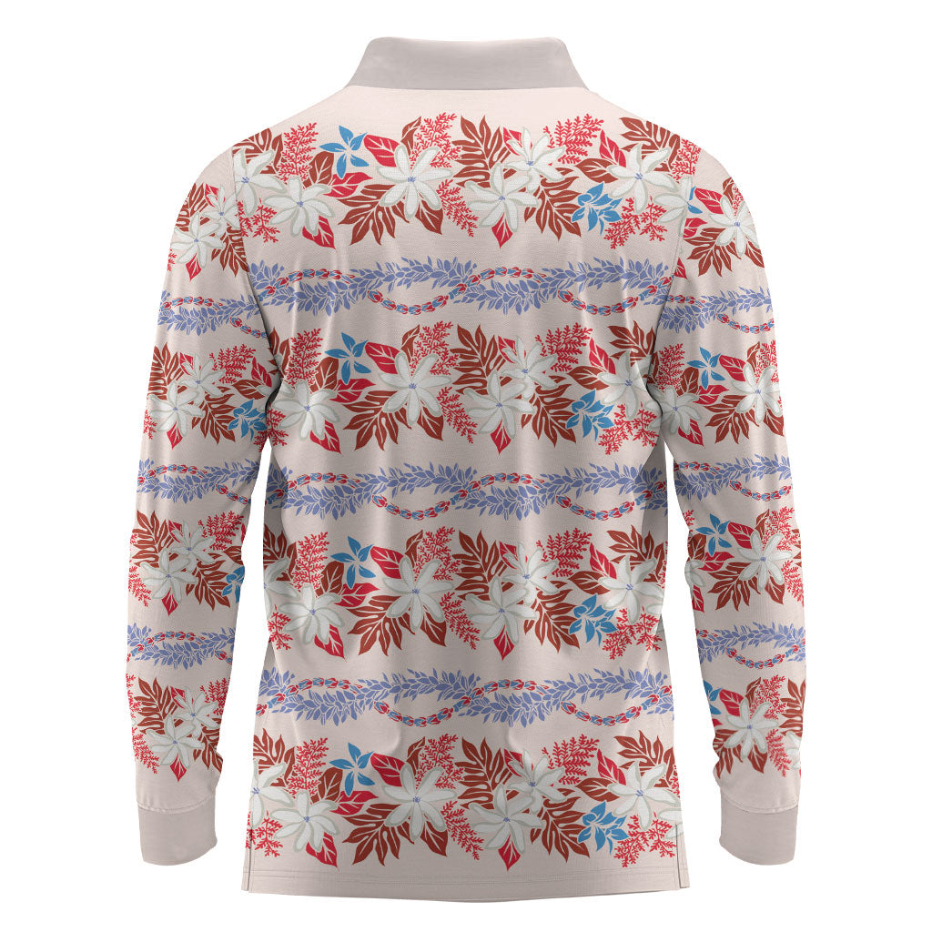 Monstera Tiare Plumeria Lei Pattern Long Sleeve Polo Shirt Red Version