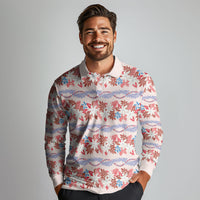 Monstera Tiare Plumeria Lei Pattern Long Sleeve Polo Shirt Red Version
