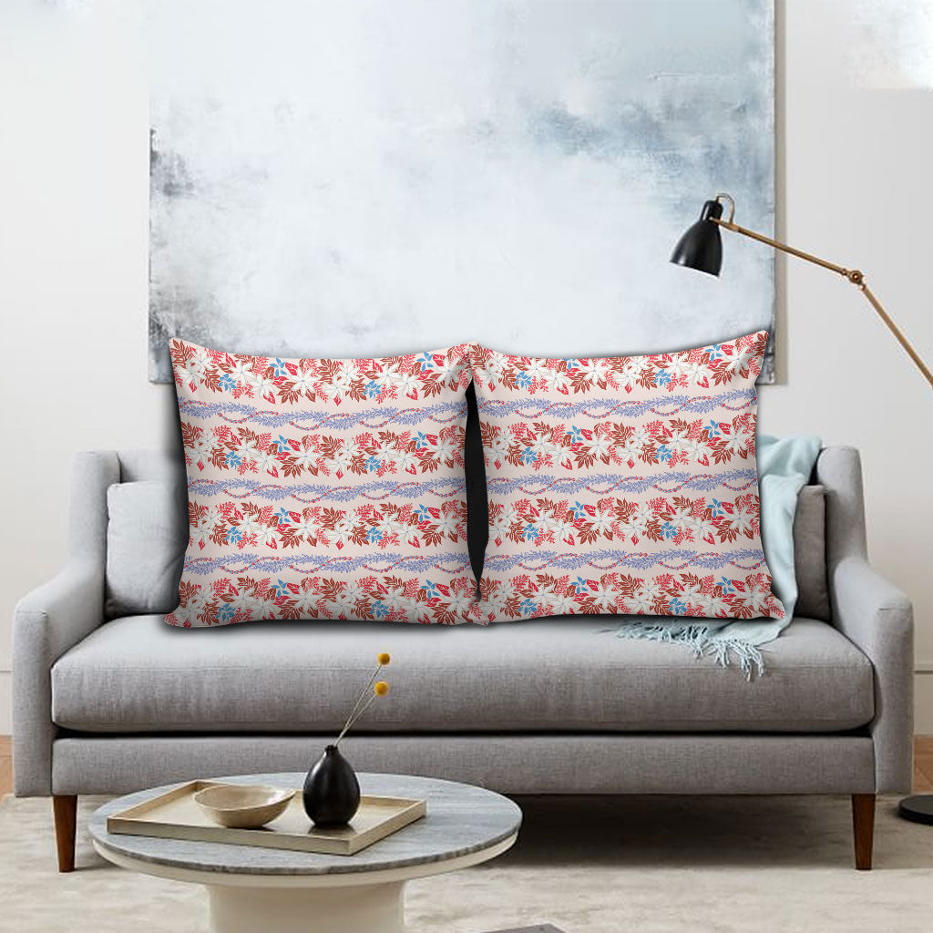 Monstera Tiare Plumeria Lei Pattern Pillow Cover Red Version