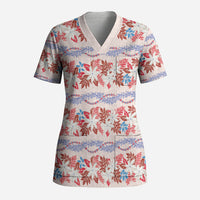 Monstera Tiare Plumeria Lei Pattern Scrub Top Red Version LT01 Adult Red - Polynesian Pride