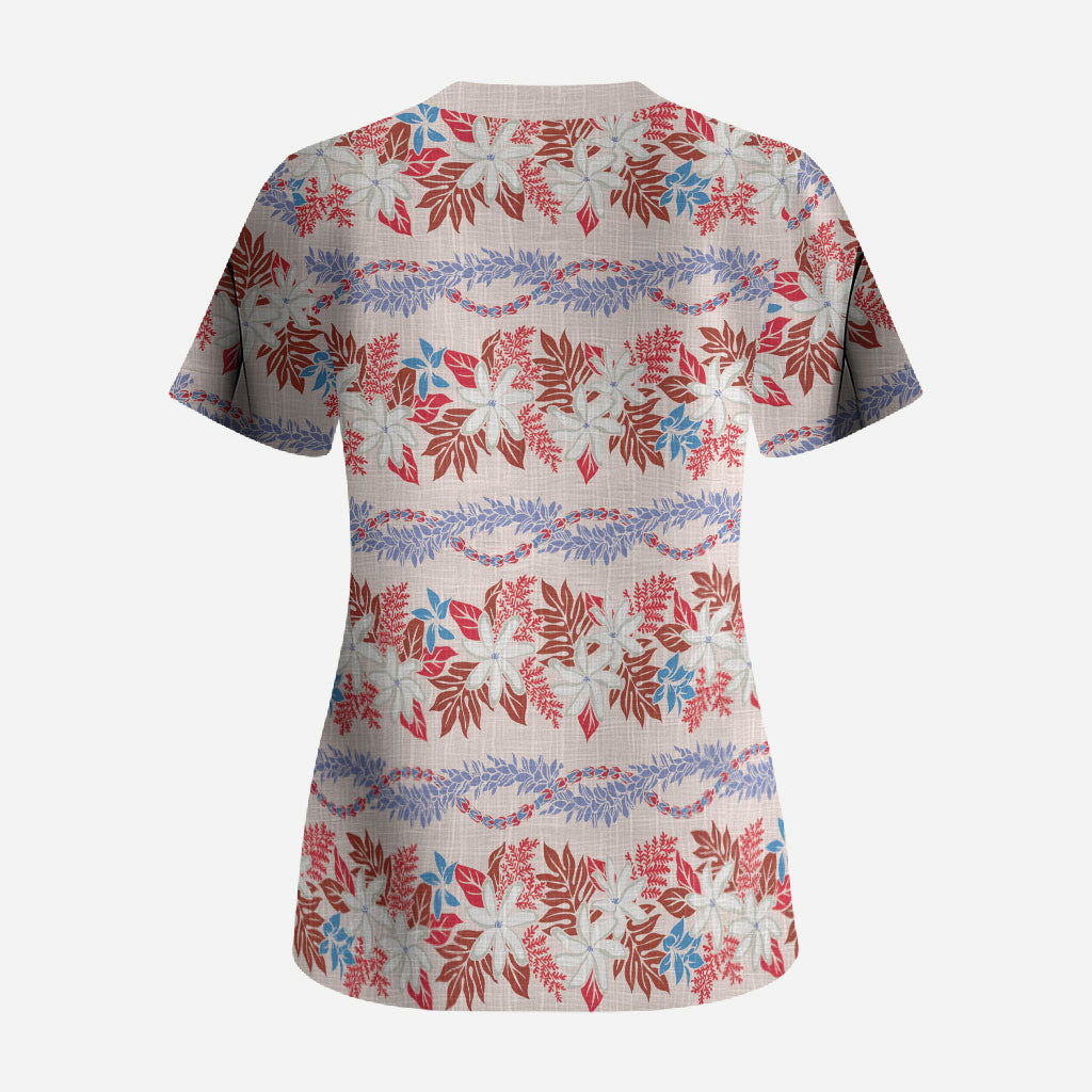 Monstera Tiare Plumeria Lei Pattern Scrub Top Red Version LT01 - Polynesian Pride