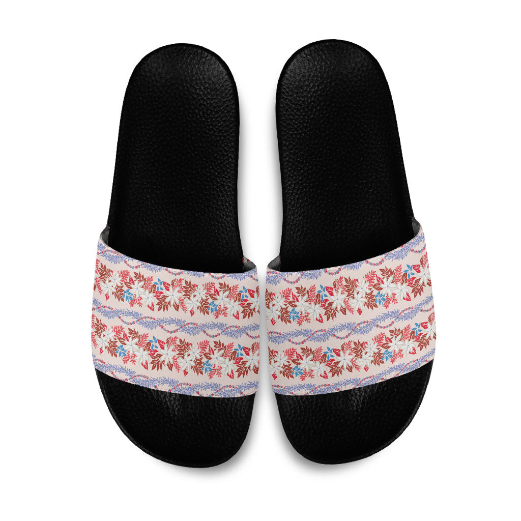 Monstera Tiare Plumeria Lei Pattern Slide Sandals Red Version LT01 Red - Polynesian Pride