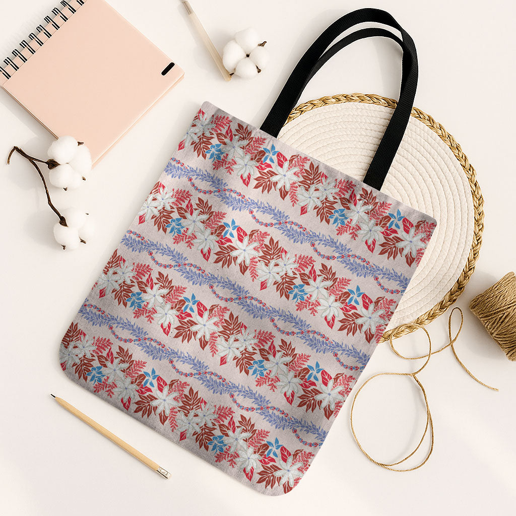 Monstera Tiare Plumeria Lei Pattern Tote Bag Red Version LT01 Black Strap One Size Red - Polynesian Pride