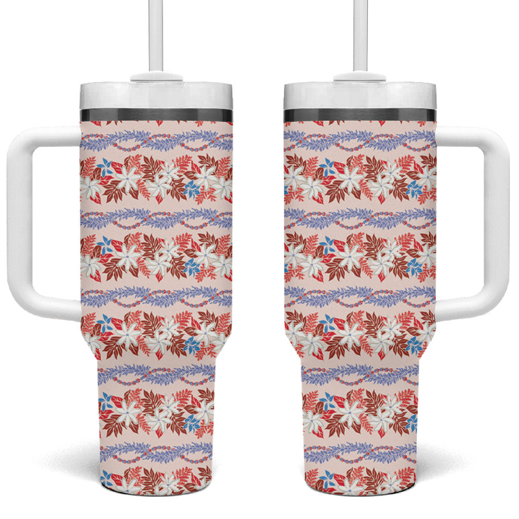 Monstera Tiare Plumeria Lei Pattern Tumbler With Handle Red Version LT01 One Size: 40 oz Red - Polynesian Pride