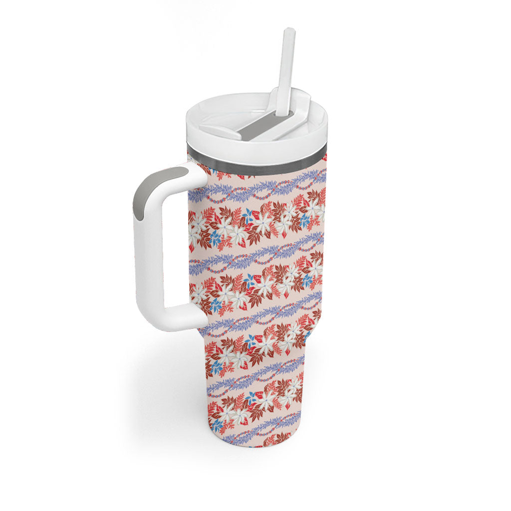 Monstera Tiare Plumeria Lei Pattern Tumbler With Handle Red Version LT01 - Polynesian Pride