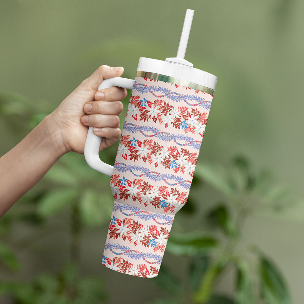 Monstera Tiare Plumeria Lei Pattern Tumbler With Handle Red Version LT01 - Polynesian Pride