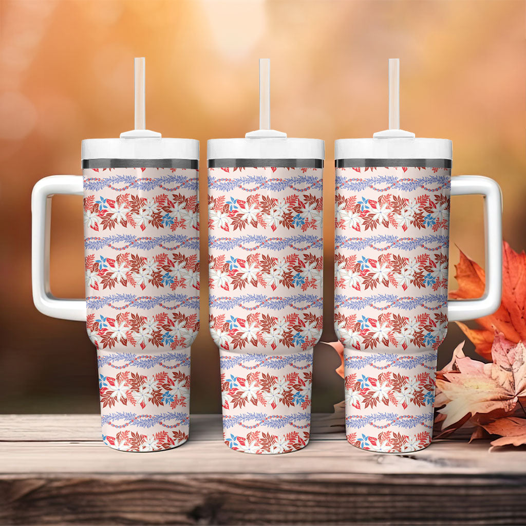 Monstera Tiare Plumeria Lei Pattern Tumbler With Handle Red Version LT01 - Polynesian Pride