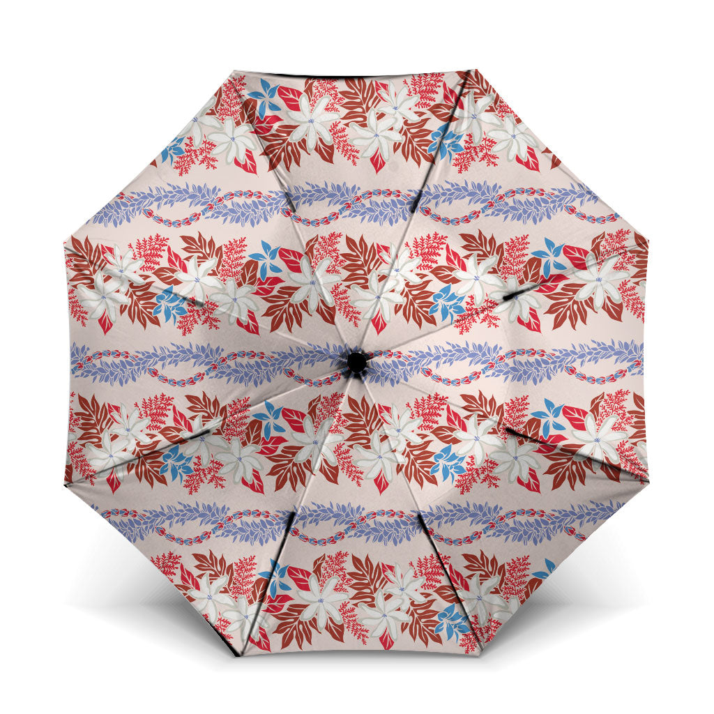 Monstera Tiare Plumeria Lei Pattern Umbrella Red Version LT01 One Size Folded 11.42 inch Opened Diameter 37.4 inch Red - Polynesian Pride